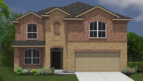 Bulverde Texas DR Horton Homes Copper Canyon The Boerne floor plan 2710 square feet two story New Construction Homes elevation C brick and stone exterior render 2 car garage