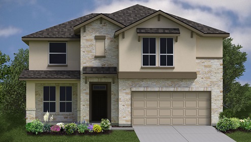 Bulverde Texas DR Horton Homes Copper Canyon The Boerne floor plan 2710 square feet two story New Construction Homes elevation D stone and stucco exterior render 2 car garage