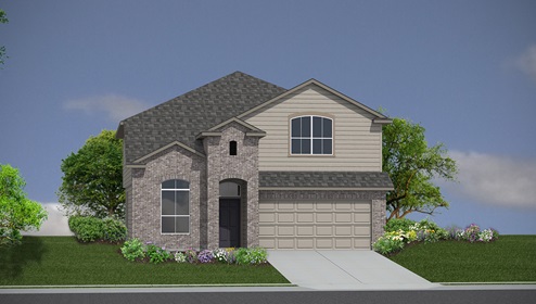 Bulverde Texas DR Horton Homes Copper Canyon The Salerno floor plan 2861 square feet two story New Construction Homes elevation A brick and siding exterior render 2 car garage