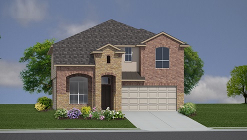 Bulverde Texas DR Horton Homes Copper Canyon The Salerno floor plan 2861 square feet two story New Construction Homes elevation B brick and stone exterior render 2 car garage