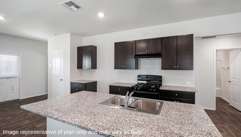 DR Horton San Antonio Laurel Vistas the brooke floor plan 1396 square feet kitchen with shaker style cabinetry, granite countertops, and large kitchen island with sink