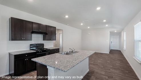 DR Horton San Antonio Laurel Vistas the brooke floor plan 1396 square feet kitchen with shaker style cabinetry, granite countertops, and large kitchen island with sink