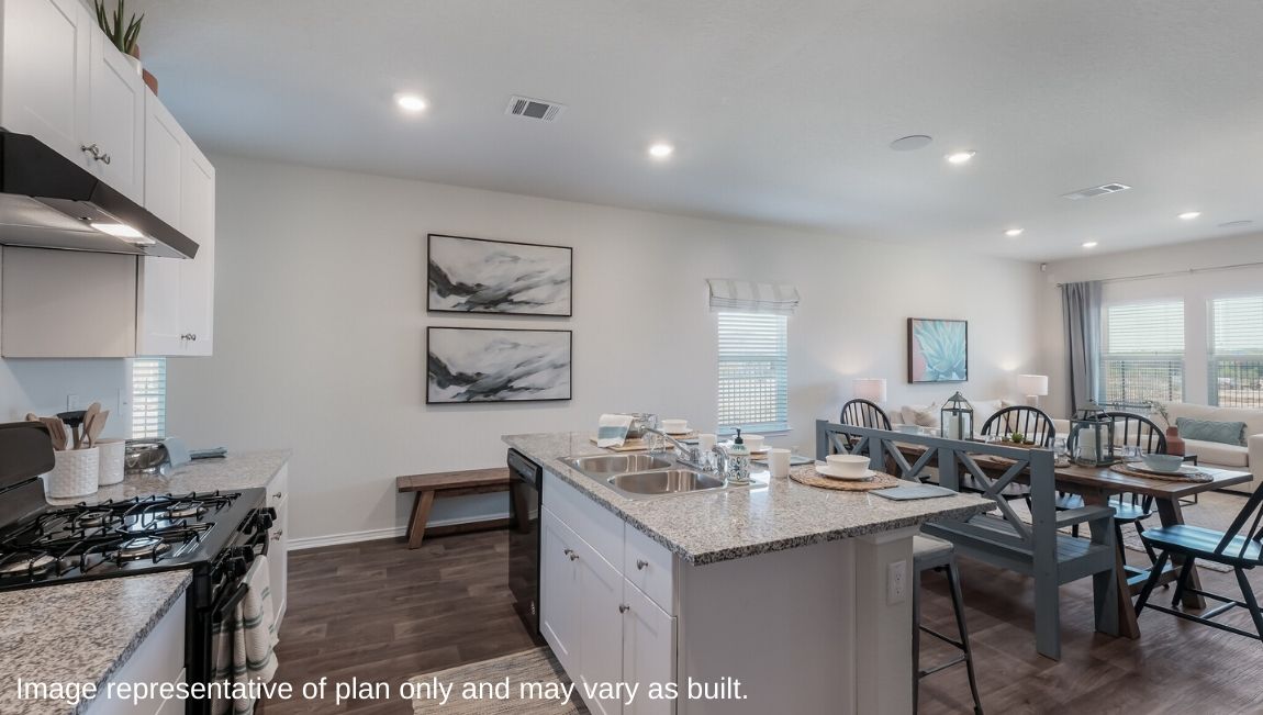 DR Horton San Antonio Laurel Vistas the florence floor plan 1858 square feet kitchen with granite countertops and kitchen island overlooking dining area