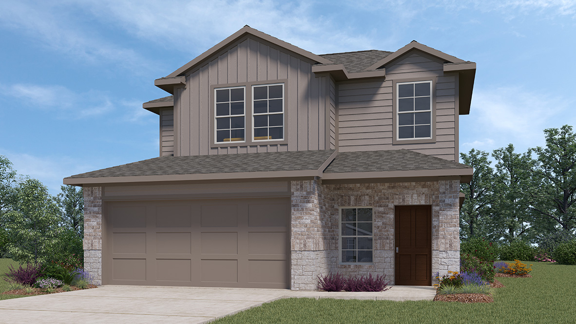 DR Horton San Antonio Laurel Vistas the florence floor plan 1858 square feet 3 bedrooms 2.5 bathroom 2 story 2 car garage elevation b with brick and stone front exterior