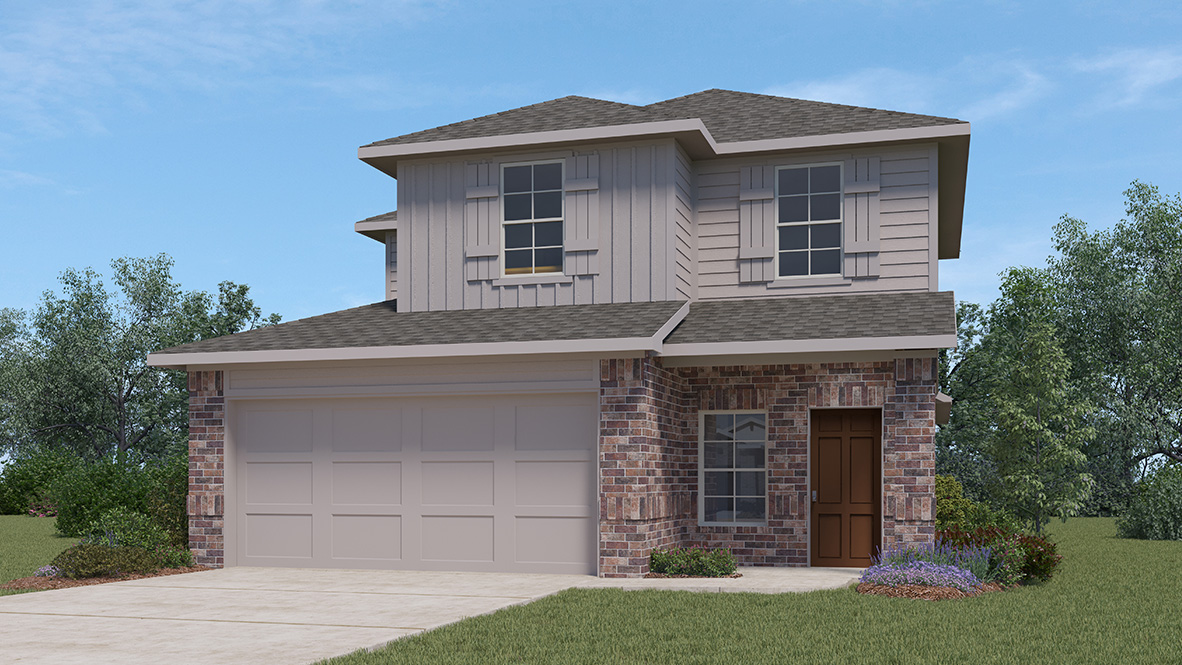 DR Horton San Antonio Laurel Vistas the hanna plan 2042 square feet 4 bedrooms 2.5 bathrooms 2 story 2 car garage elevation a with brick front exterior