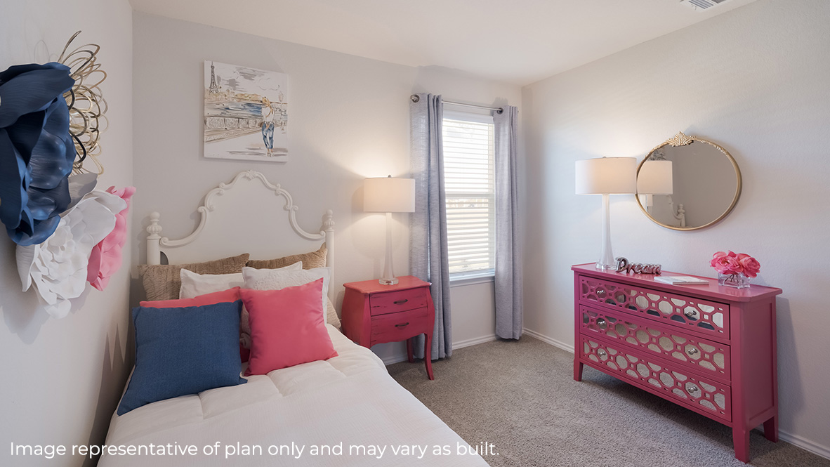 DR Horton San Antonio Laurel Vistas the hanna plan 2042 square feet secondary bedroom with carpet flooring, twin bed and matching pink dresser and side table set