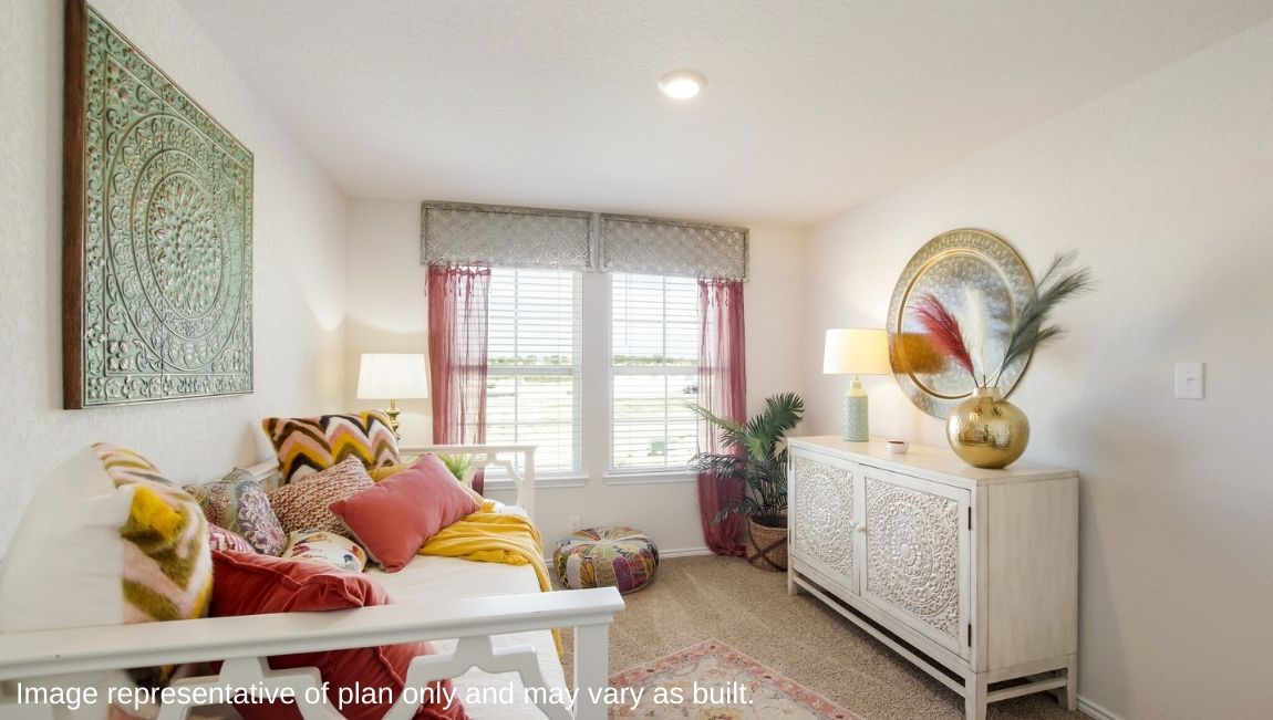 DR Horton San Antonio Laurel Vistas the jasmine floor plan 2182 square feet secondary bedroom with carpet flooring, twin sized day bed, white dresser, and large windows for plenty of natural light