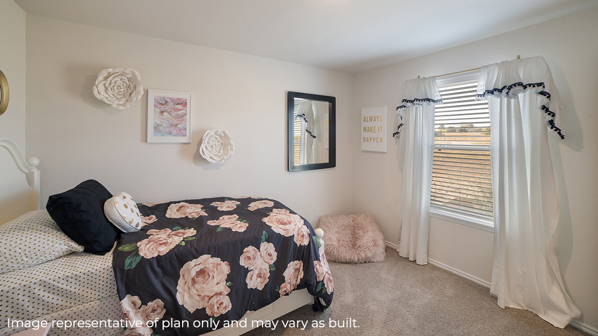 DR Horton San Antonio Laurel Vistas the nicole floor plan 2473 square feet secondary bedroom with carpet flooring and twin sized bed facing large window