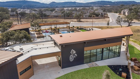 DR Horton Bulverde The Reserve at Copper Canyon resort style amenities aerial view of community center