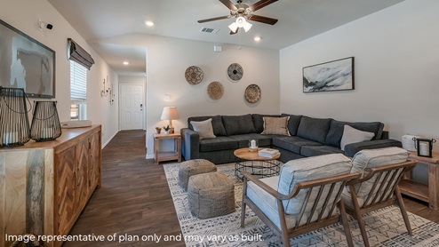 DR Horton San Antonio Riverstone at Westpointe 4922 taconite pass the diana floor plan 1 story 2 car garage 1535 square feet entryway foyer leading to living room with sectional couch and armchairs