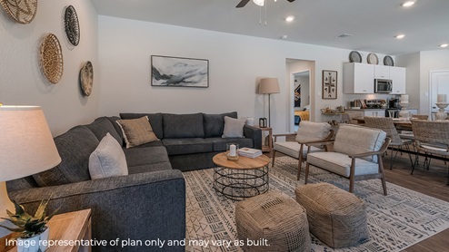 DR Horton San Antonio Riverstone at Westpointe 4922 taconite pass the diana floor plan 1 story 2 car garage 1535 square feet open concept living room with sectional couch and armchairs flowing to dining area and kitchen