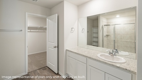 primary bathroom with sink and walk in shower and closet
