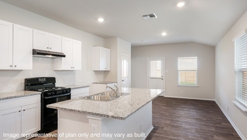 DR Horton Floresville The Links at River Bend 230 legendary trail loop the brooke floor plan 1 story 2 car garage 1396 square feet open concept kitchen with white shaker style cabinets and spacious kitchen island leading to living room