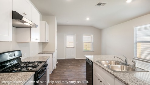 DR Horton Floresville The Links at River Bend 230 legendary trail loop the brooke floor plan 1 story 2 car garage 1396 square feet open concept kitchen with white shaker style cabinets and spacious kitchen island leading to living room