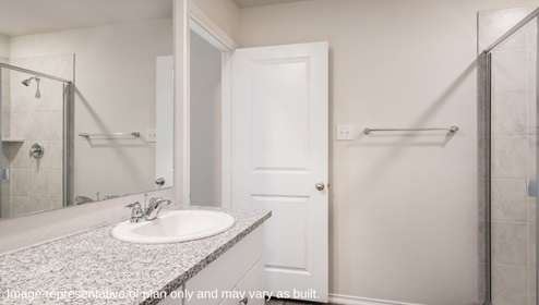 DR Horton Floresville The Links at River Bend 230 legendary trail loop the brooke floor plan 1 story 2 car garage 1396 square feet main bedroom ensuite bathroom with spacious walk in shower and single vanity sink
