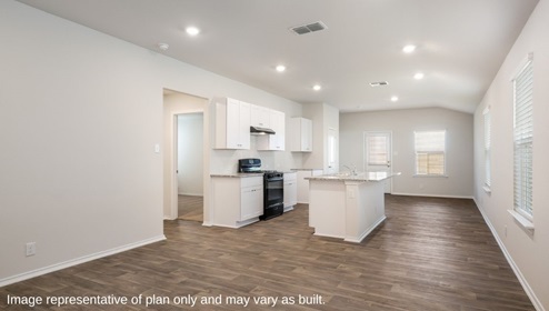 Floresville Links at River Bend New Construction Homes open floor concept white cabinets granite kitchen countertops