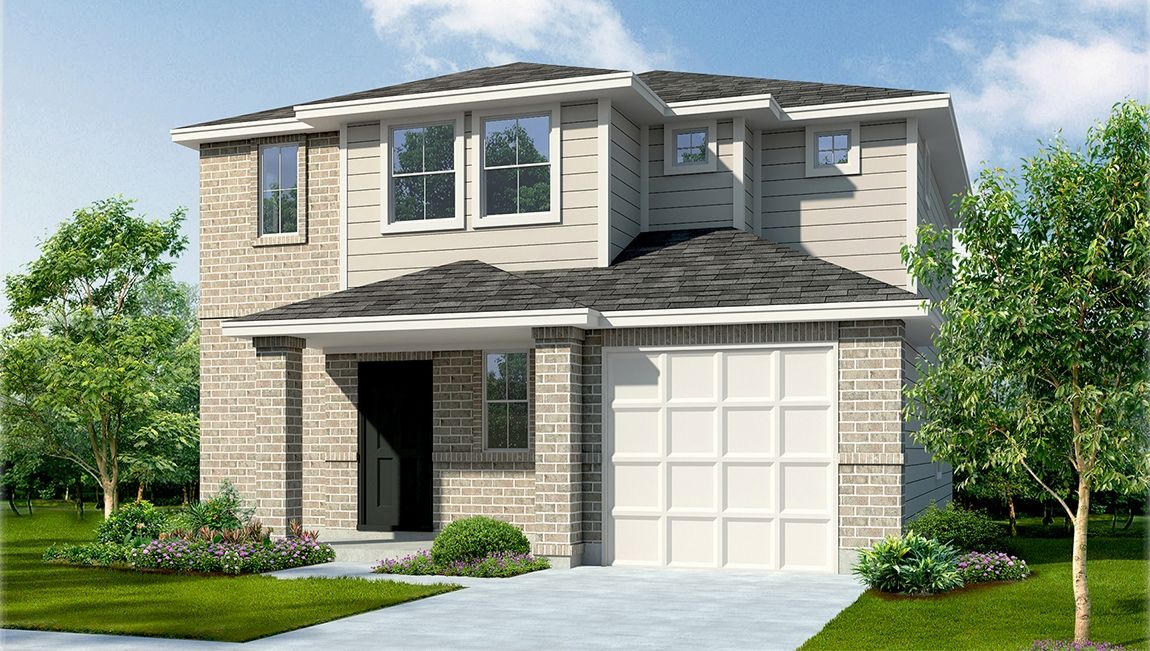 two story home with siding front exterior and one car garage