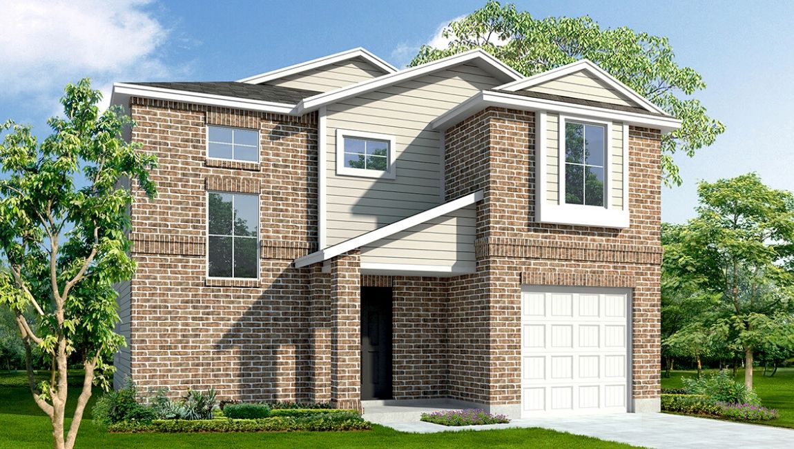 two story home with brick front exterior and one car garage