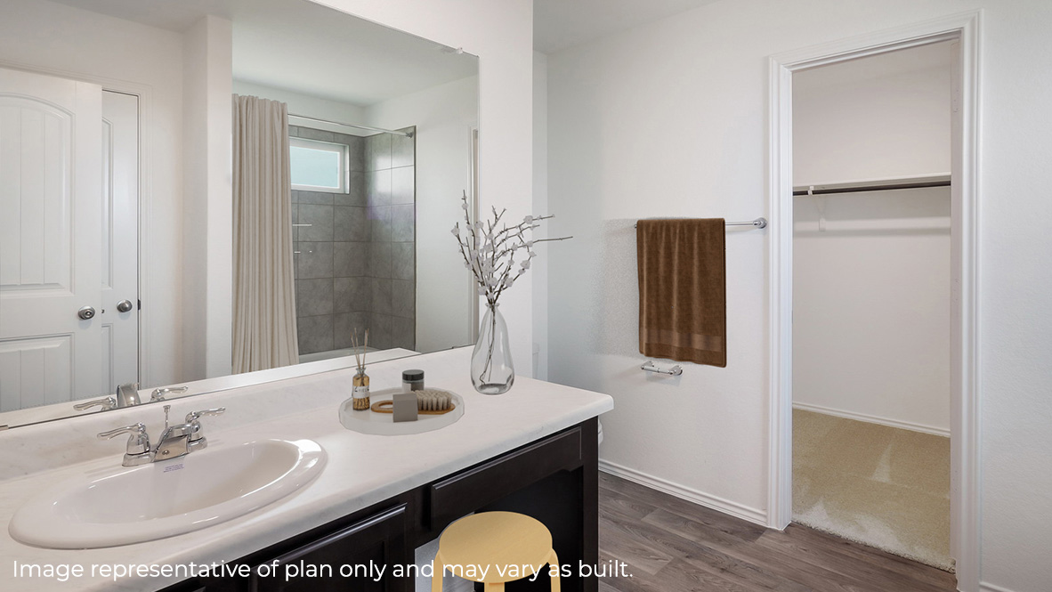 Spacious primary bathroom with hard surface flooring, single vanity sink and walk-in closet.