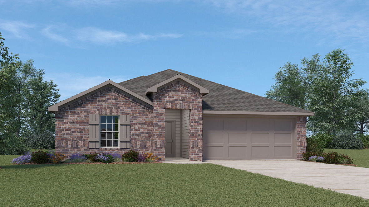 one story home with brick exterior and two car garage