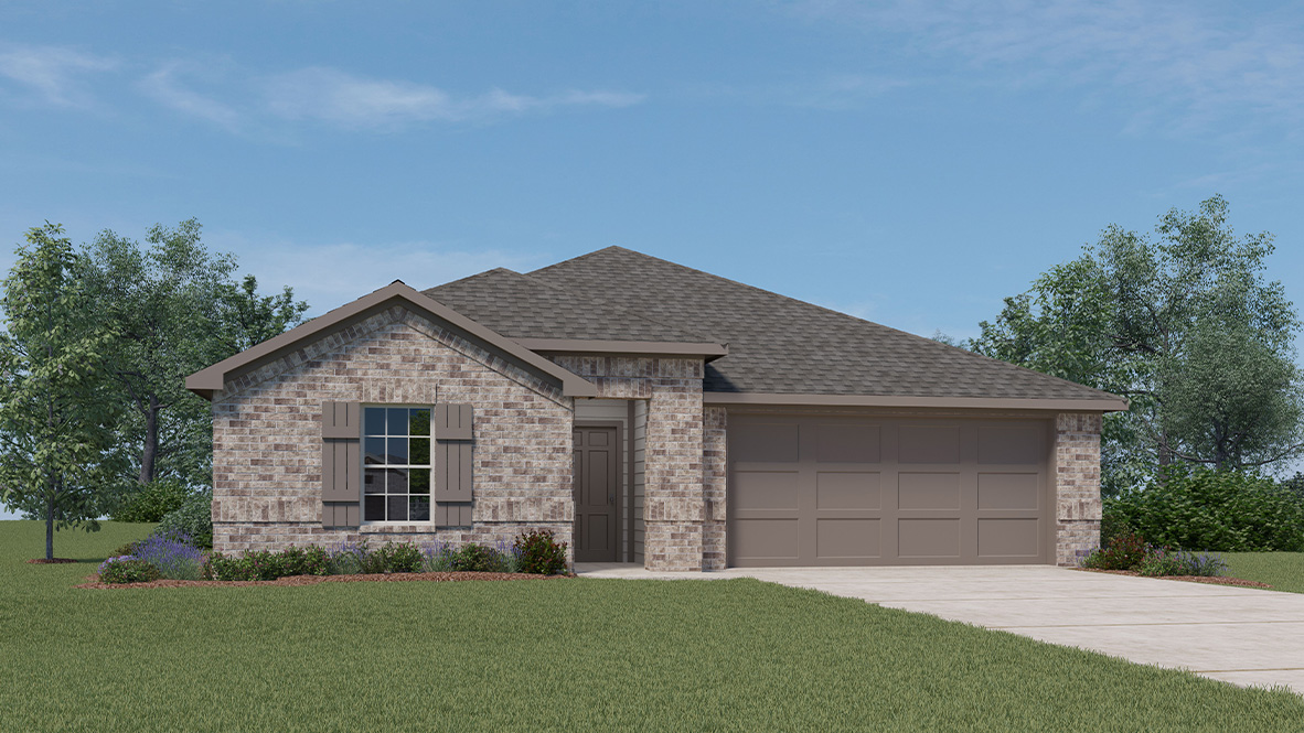 one story home with brick siding and two car garage