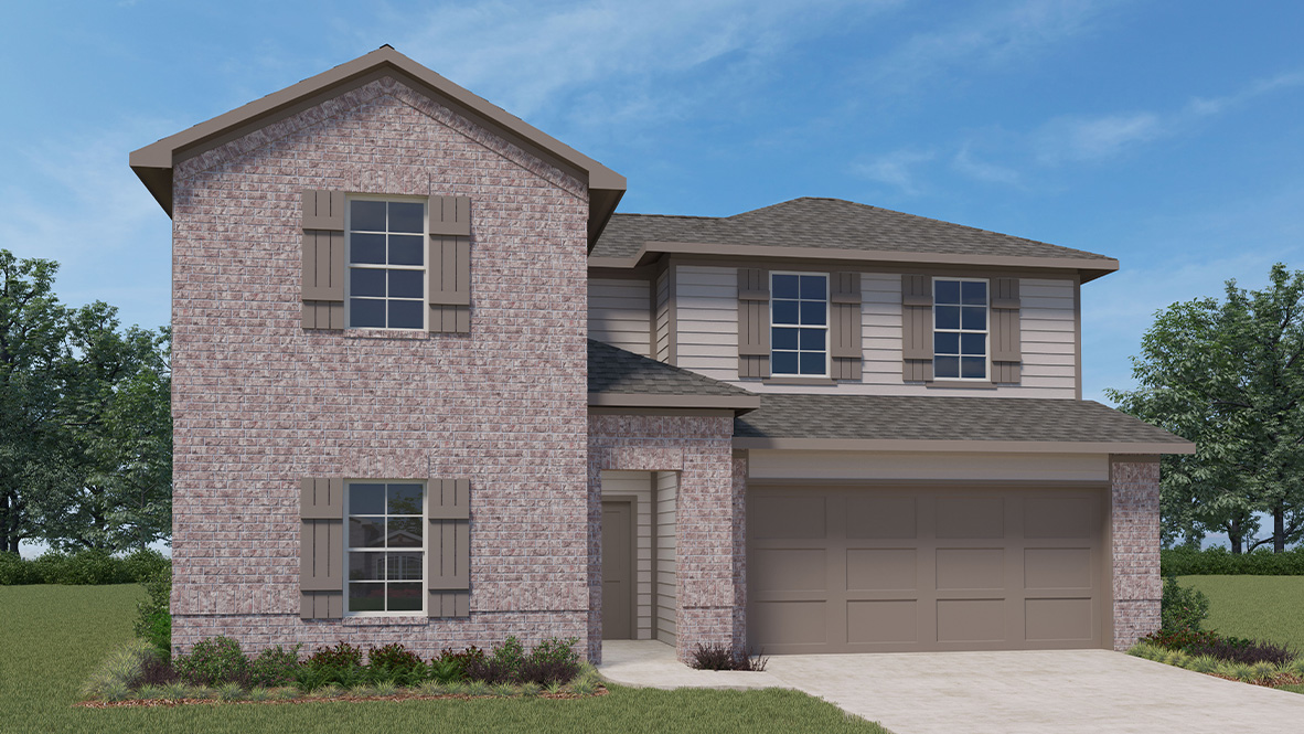 two story home with brick exterior and two car garage