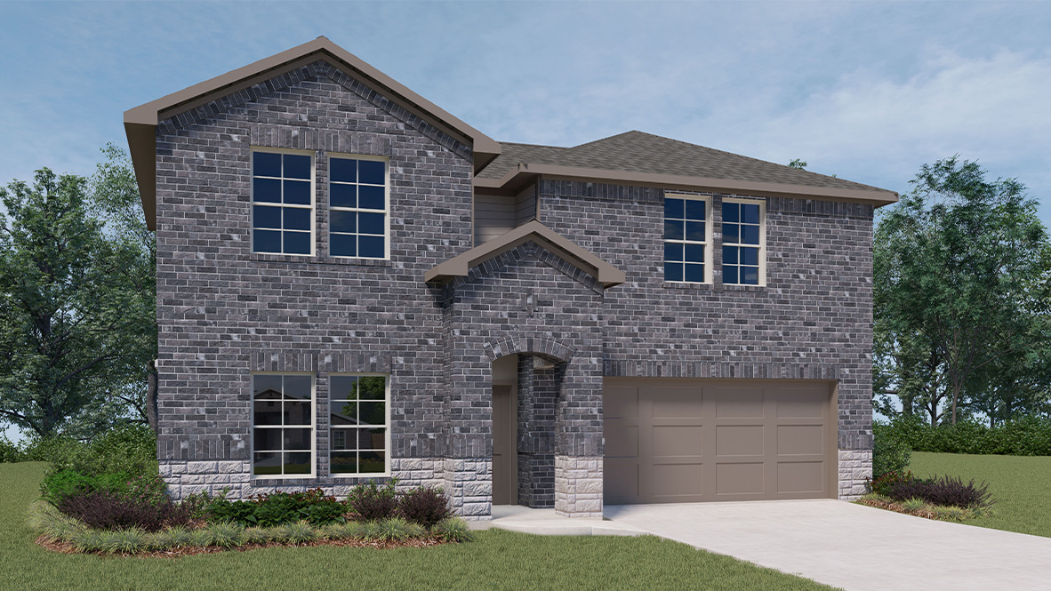 two story home with brick and stone exterior and two car garage