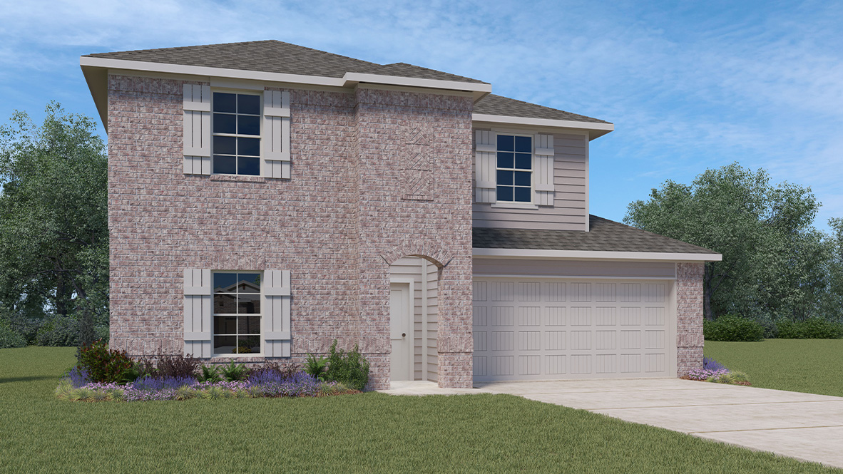 two story home with brick exterior and two car garage