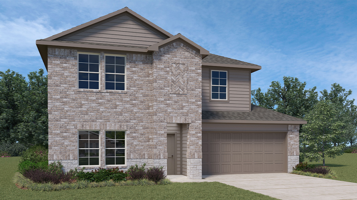 two story home with brick and siding exterior and two car garage