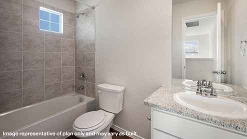 DR Horton San Antonio Salado Creek second bathroom with white cabinets and bathtub