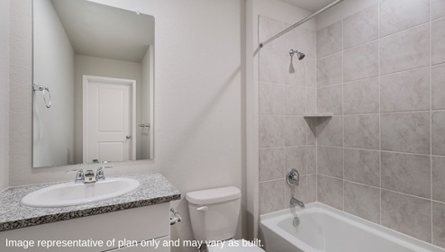 San Antonio Applewood New Construction Homes secondary bathroom with single vanity sink and combined shower bath