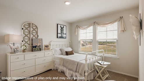 San Antonio Applewood New Construction Homes secondary bedroom with white dresser horse wall art decorations white twin bed carpet and white rug