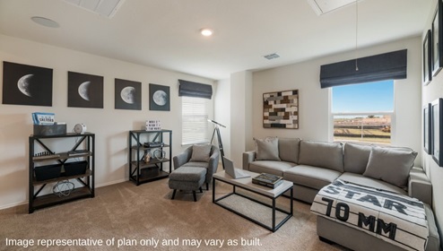 San Antonio Applewood New Construction Homes upstairs loft or game room space theme lunar cycle wall art natural light open shelves large gray sectional couch with chaise lounge coffee table telescope armchair and footstool star wars movie night carpet