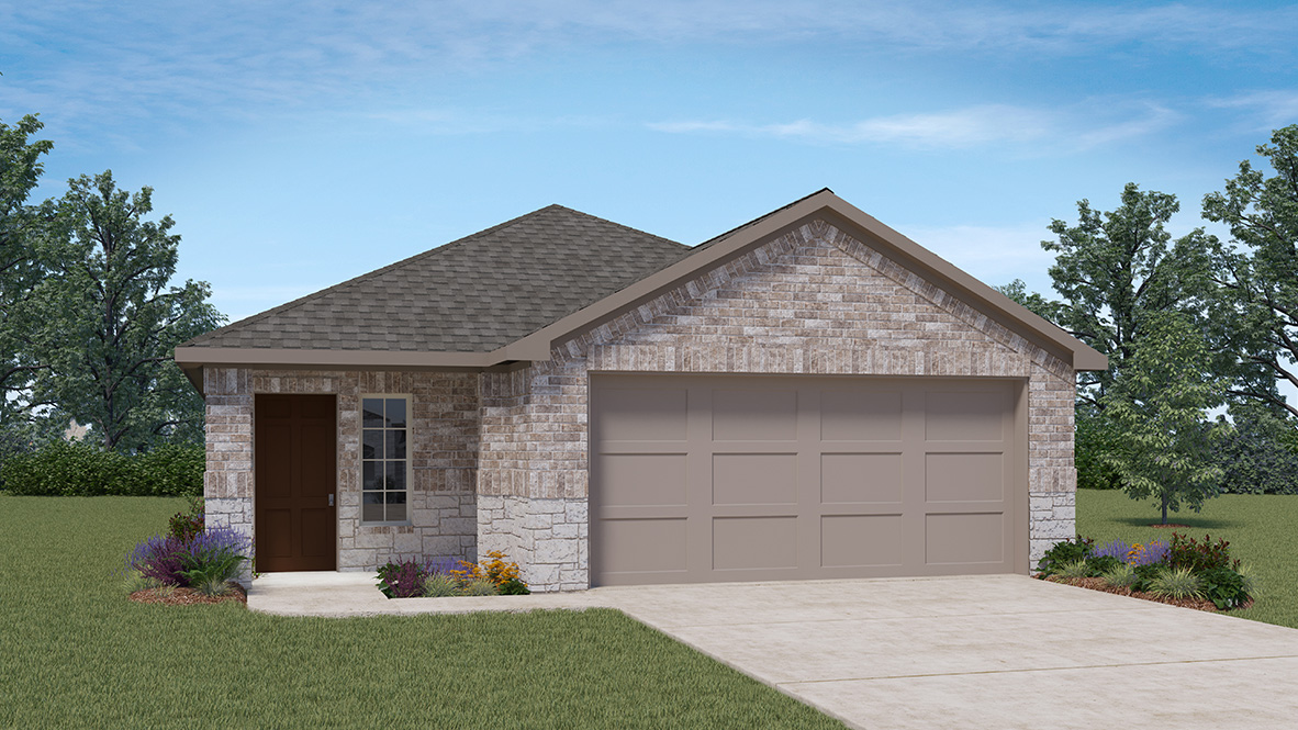 One story home with covered porch, brick and stone front exterior and two car garage.