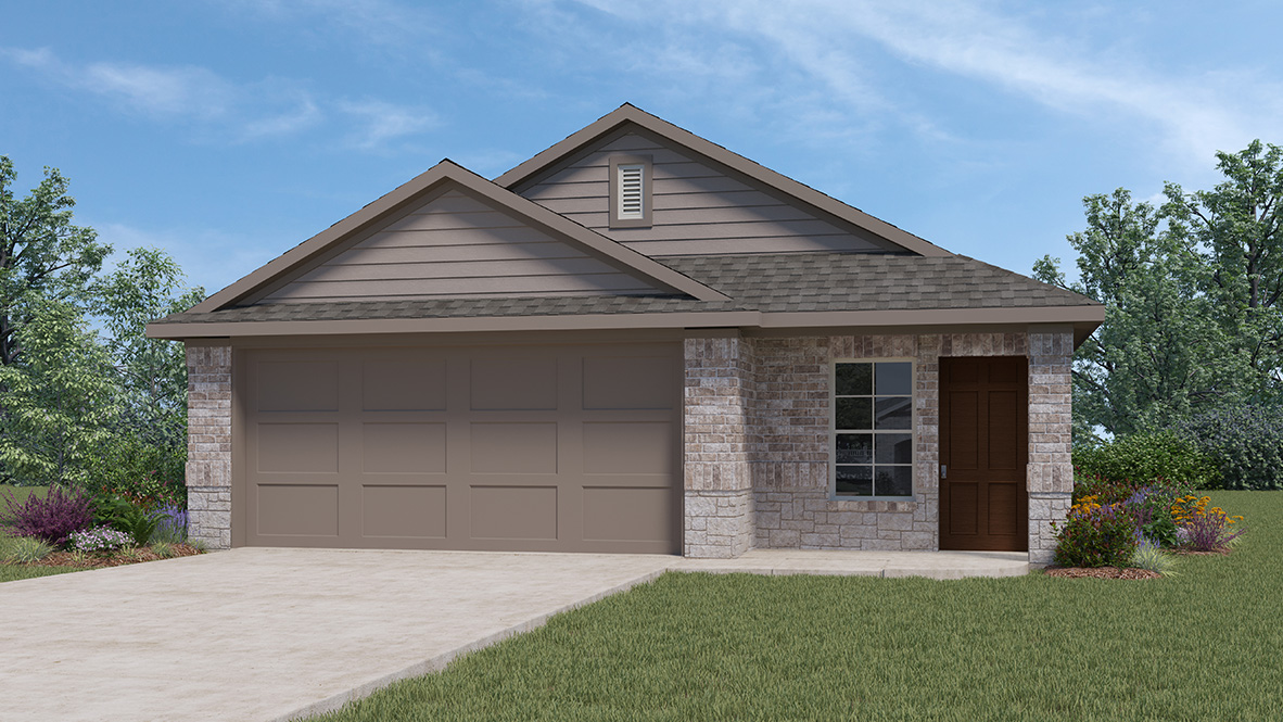 One story home with covered porch, brick and stone front exterior and two car garage.