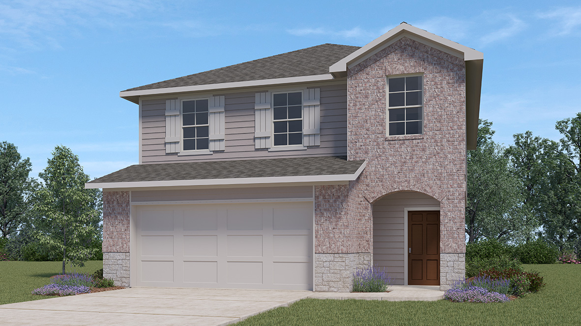 Two story home with arched, covered front porch, brick and stucco front exterior and two car garage.