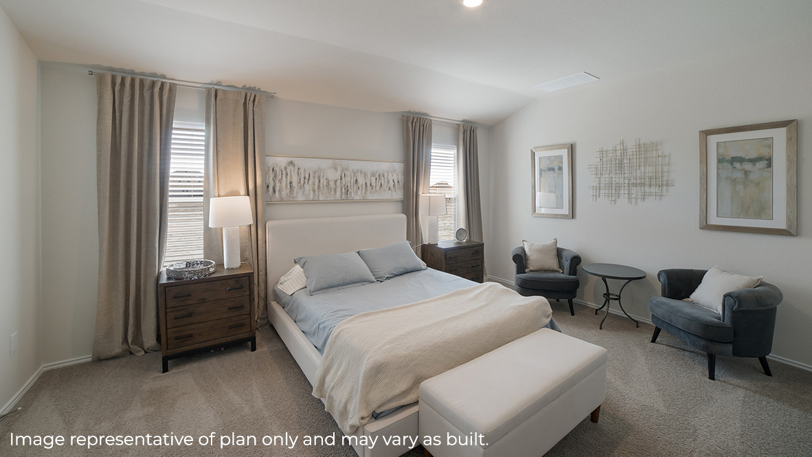 Primary bedroom with large windows and walk in closet.