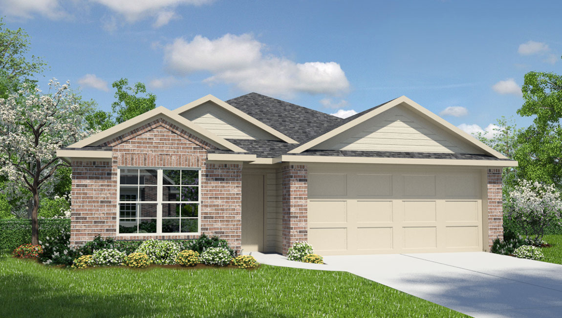 DR Horton San Antonio Stonehill the bryant floor plan 1 story home, elevation b with brick front exterior and 2 car garage