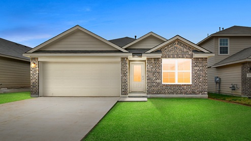 d.r. horton san antonio stonehill community single story home with brick front exterior and two car garage