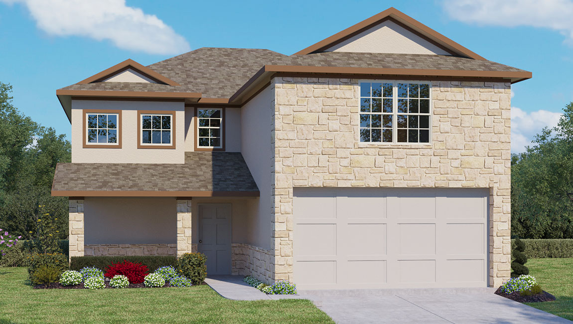 DR Horton San Antonio Stonehill the bowen, 2 story, 2241 square feet, 3 bedroom, 2.5 bathrooms, 2 car garage, elevation c with stucco and stone front exterior