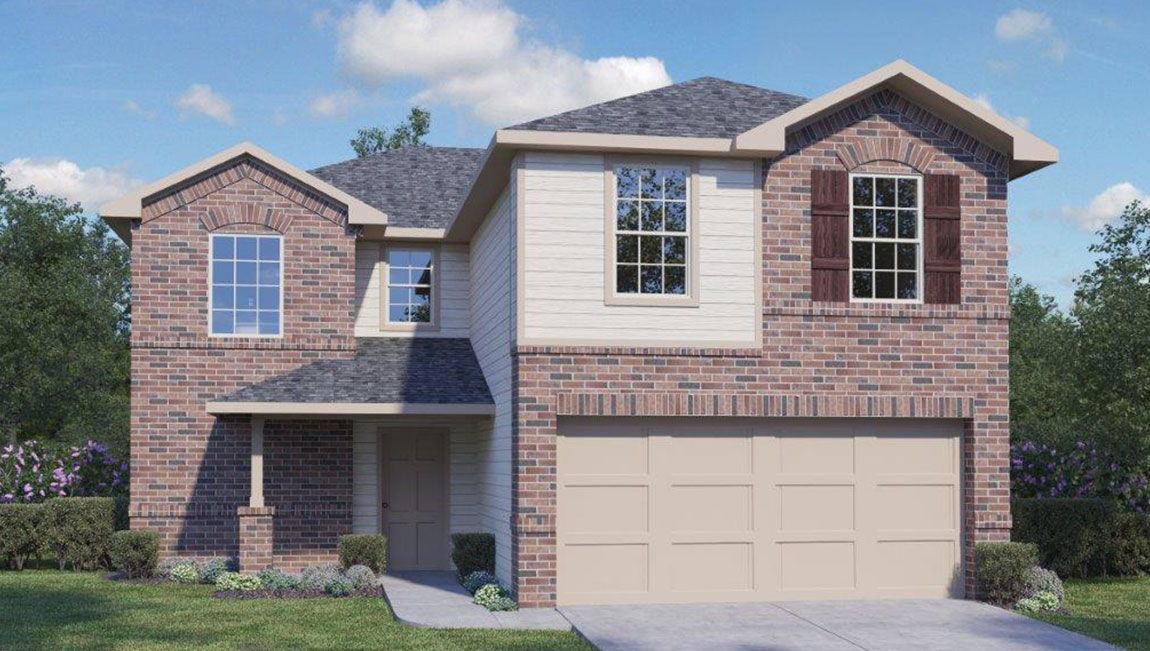 DR Horton San Antonio Stonehill the bowen, 2 story, 2241 square feet, 3 bedroom, 2.5 bathrooms, 2 car garage, elevation a with brick and siding front exterior
