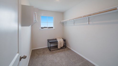 Oversized primary bedroom closet with shelving.