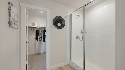 Midtown Model primary bathroom with closet access.