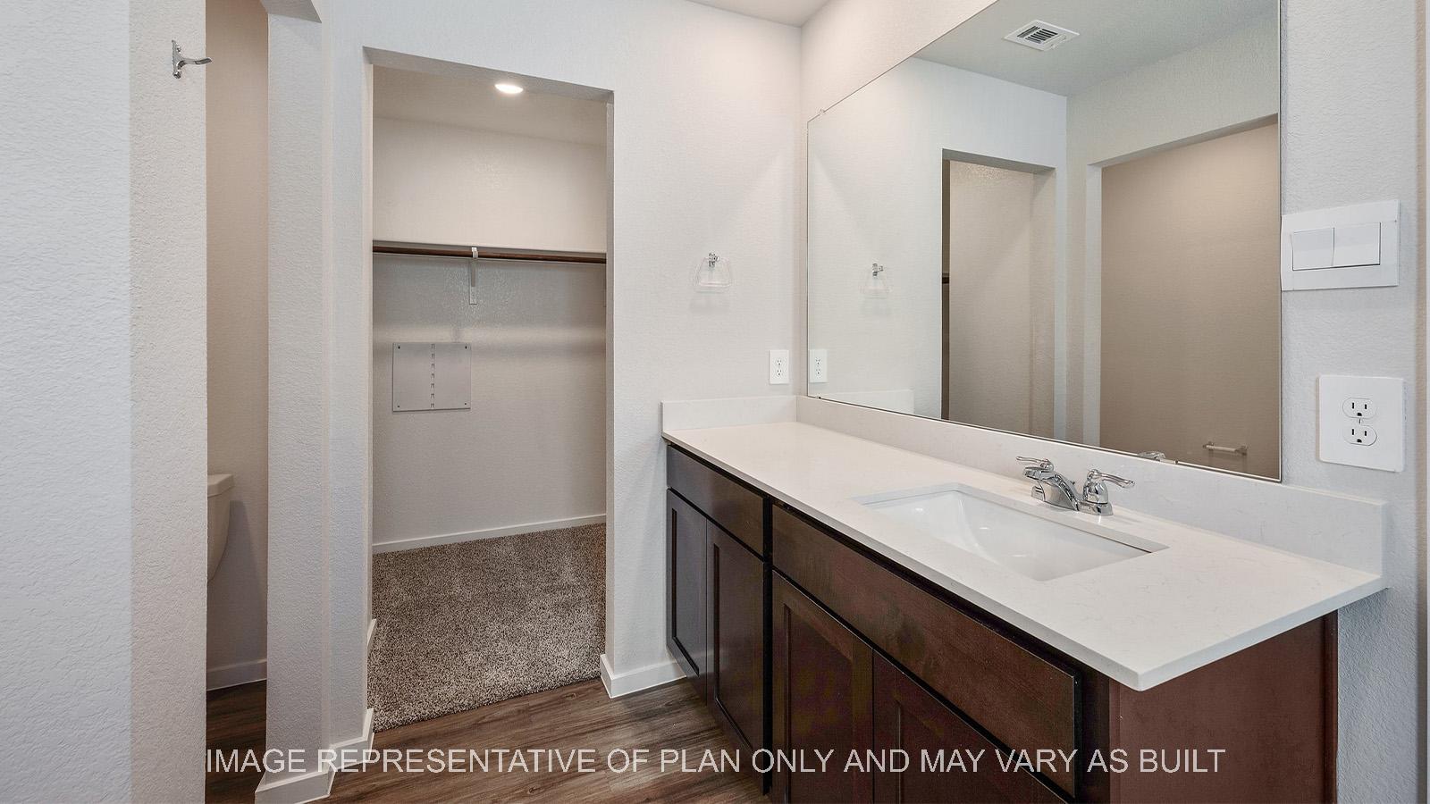Amber primary bathroom with vinyl plank flooring, quartz vanity, and walk-in closet.