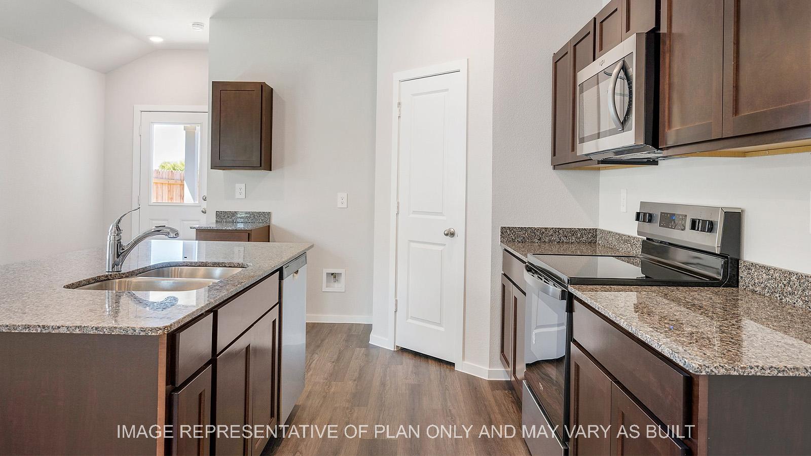 Diana kitchen with vinyl plank flooring, corner pantry, and galley island.