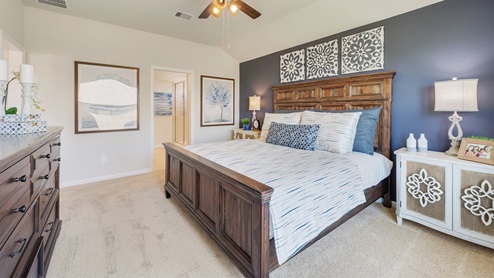 Liberty Village primary bedroom with carpeted flooring and navy accent wall.