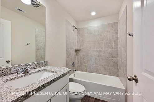 Auburn secondary bathroom with white cabinets, granite countertops, ceramic tile shower and bath surround, and vinyl plank flooring.