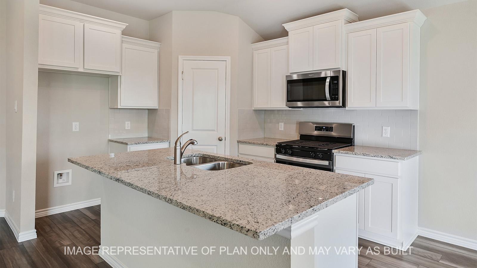 Alpine open-concept kitchen with white cabinetry, granite countertops, tile backsplash, and vinyl plank flooring.