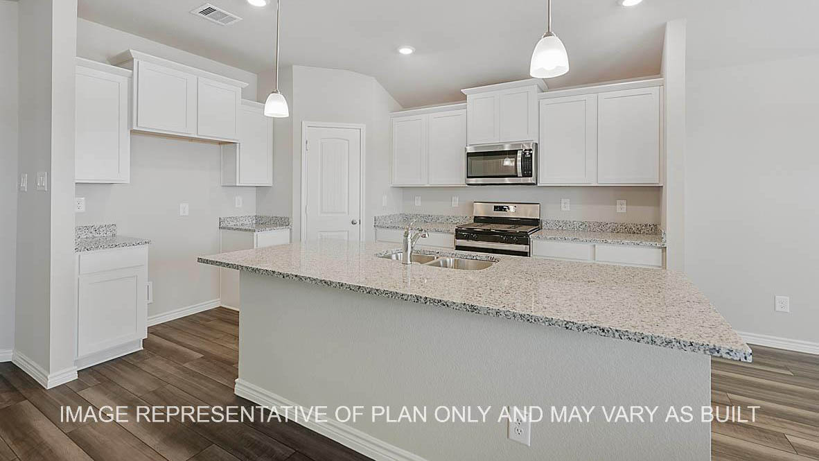 Prescott Kitchen with white cabinets, granite countertops, and vinyl plank flooring.