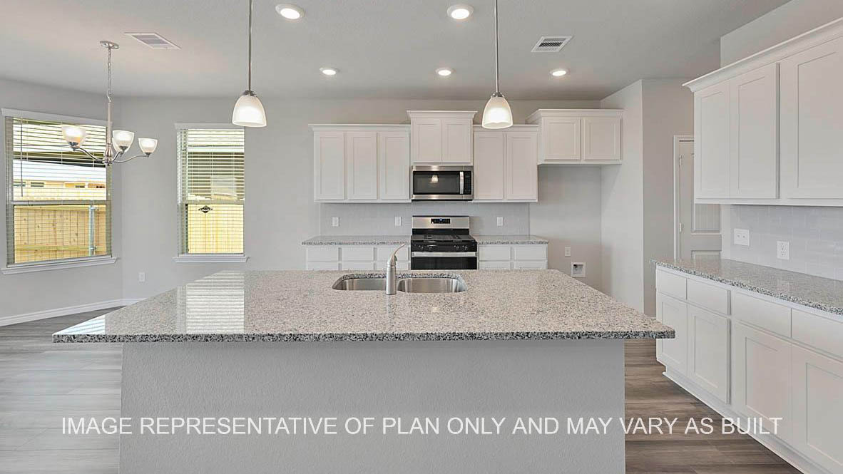 Sonoma kitchen with white cabinets, granite countertops and vinyl plank flooring.
